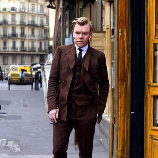 Image similar to ewan mcgregor from behind dressed as a gentleman in early 2 0 th century paris cafe. warm colour, brown colours, yellow colours