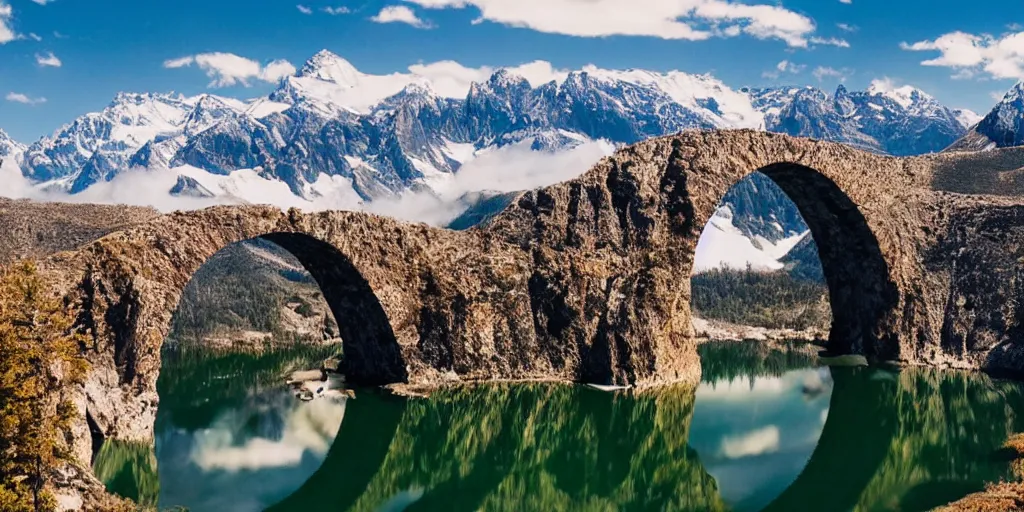 Image similar to Galaxy arch bridge, the foreground is snowy mountains and lakes, in the style of National Geographic magazine