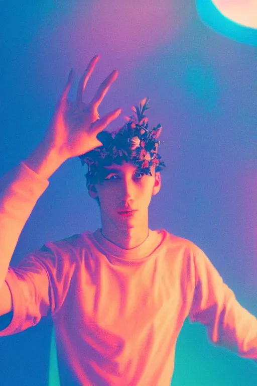 Image similar to agfa vista 4 0 0 photograph of a skinny guy on a spaceship, futuristic, synth vibe, vaporwave colors, lens flare, flower crown, back view, moody lighting, moody vibe, telephoto, 9 0 s vibe, blurry background, grain, vintage, tranquil, calm, faded!,