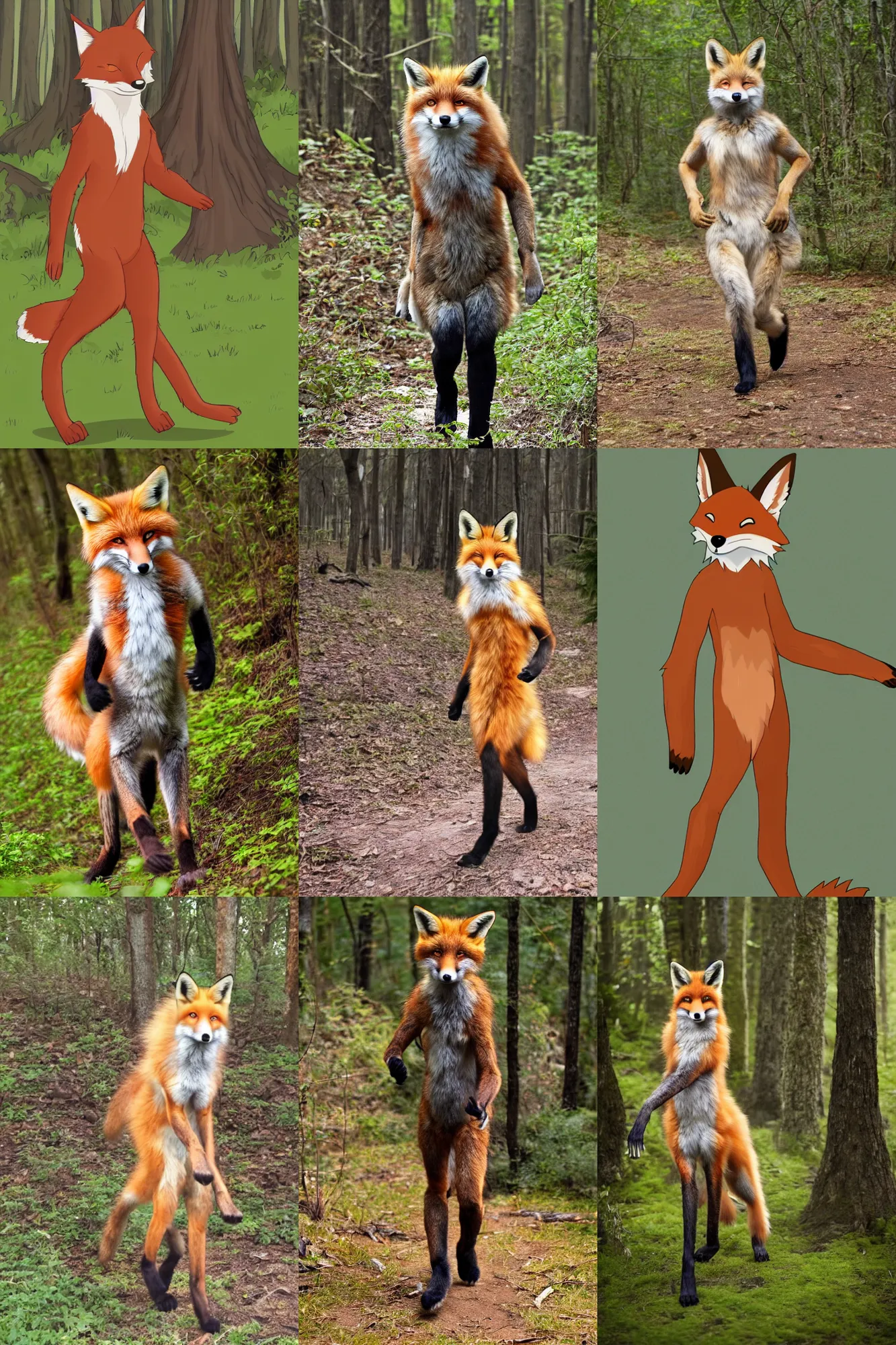 Prompt: anthro digitigrade natural - colored fox person with black paws, walking upright in a forest, furry fandom