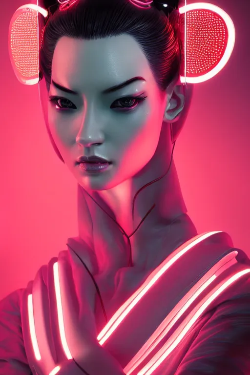 Image similar to cyber geisha by Ash Thorp and Andrei Riabovitchev, red green LED lights, extremely beautiful and proportionate face, sharp focus, hyper detailed, octane render, biomechanical