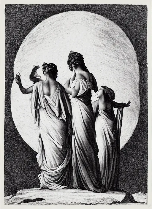 Prompt: three silhouettes of ancient greek goddesses observing an eclipse at dusk, painted by caspar david friedrich with high toner xerox halftones