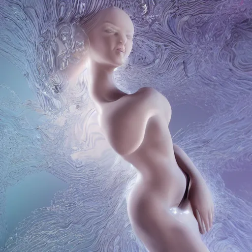 Image similar to 3 d pyro liquid simulation render, octane render, xparticles,, female bodies, intricate details, female body covered in white blanket, white carved abstract sculpture, amethyst mineral quartz, swirly curls, abstract white fluid, golden edges and fractals, wasili kandinski, artstation, render, cinema 4 d, art noveau fresco