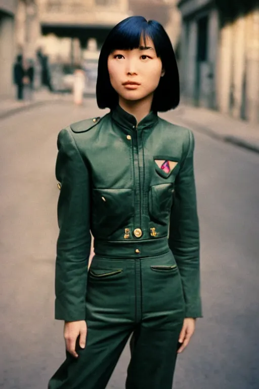 Prompt: ektachrome, 3 5 mm, highly detailed : incredibly realistic, beautiful portrait photo in style of chiaroscuro style 1 9 9 0 s frontiers in flight suit cosplay paris street photography, youthful asian demure, perfect features, cool haircut, atheletic agency model, vogue fashion edition