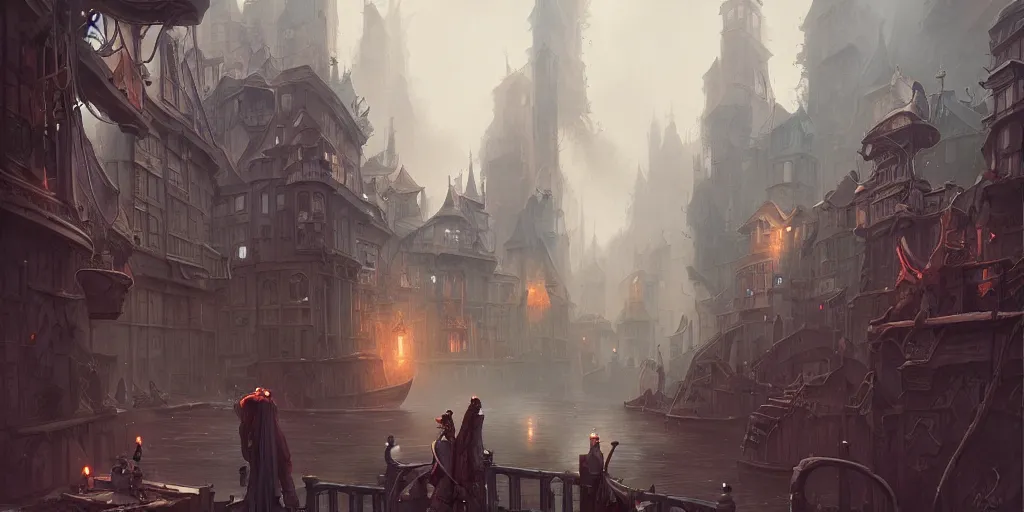 Prompt: victorian streets, canals, dark fantasy setting, matte painting, detailed, 4k, style of peter mohrbacher