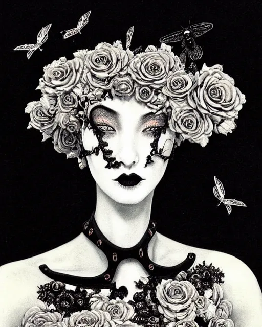 Image similar to dreamy surreal poetic black and white lithography of a beautiful young porcelain female-cyborg-vegetal with a very long neck and a super big gothic lace collar filled with dead flies and a very high big floral crown with many black dry roses by Vivienne Westwood:: smoke, high fashion, haute couture, rococo, avant-garde, elegant, dreamy, hyper realistic, 150 mm lens, soft rim light, octane render, unreal engine, volumetric lighting, dramatic light,8k,