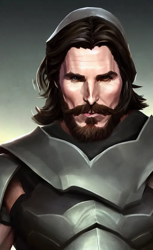 Image similar to Christian Bale as a character in the game League of Legends, with a background based on the game League of Legends, detailed face, old 3d graphics