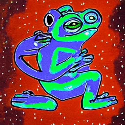 Image similar to cave painting of pepe the frog with star and galaxies