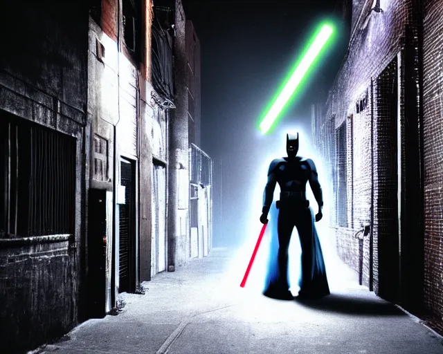 Image similar to a high definition photograph of Batman holding a lightsaber in a dark New York City alleyway at nighttime, high contrast shadows