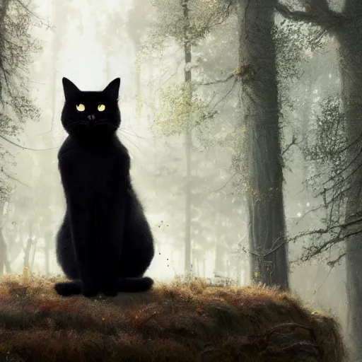 Prompt: a black cat seated and looking curiously, there is a forest in the background, texture, intricate, details, highly detailed, greg rutkowski style, masterpiece, architecture, building, trending on artstation, focus, sharp focus, concept art, digital painting, fantasy, sunny, day, golden hour