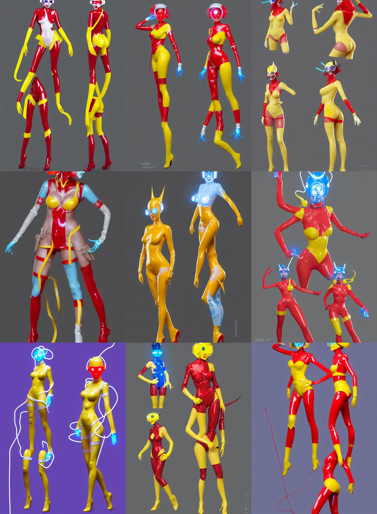 Prompt: a full body character design by loish, hong soonsang, tooth wu and zeen chin white and yellow tape and red translucent plastic tape attctive showgirl!! sci - fi helmet with blue glowing eyes!! sharp edges. contour light!! ultra detailed, elegant, intricate, octane render.