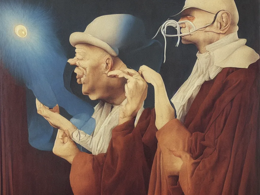 Image similar to Portrait of albino mystic with blue eyes, in the nasal cavity of an old man. Painting by Jan van Eyck, Audubon, Rene Magritte, Agnes Pelton, Max Ernst, Walton Ford