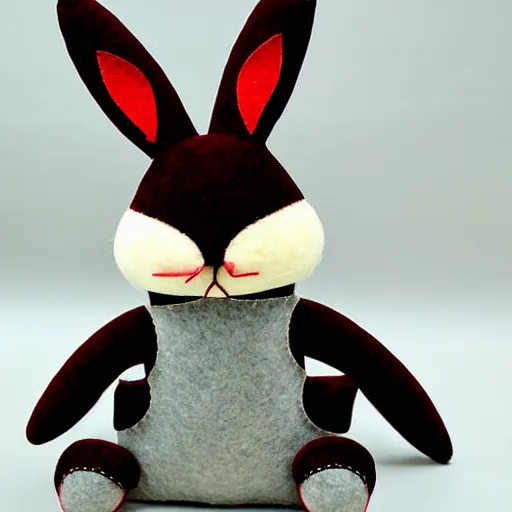 Prompt: a cute elegant felt plush doll of a rabbit wearing overalls detailed highly realistic