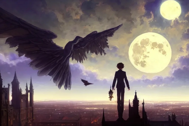 Prompt: a winged monster in the sky above a victorian city, scene in the night. full moon, 1 8 9 0, key visual, conceptart, ambient lighting, highly detailed, digital painting, artstation, concept art, sharp focus, by makoto shinkai and akihiko yoshida and greg manchess