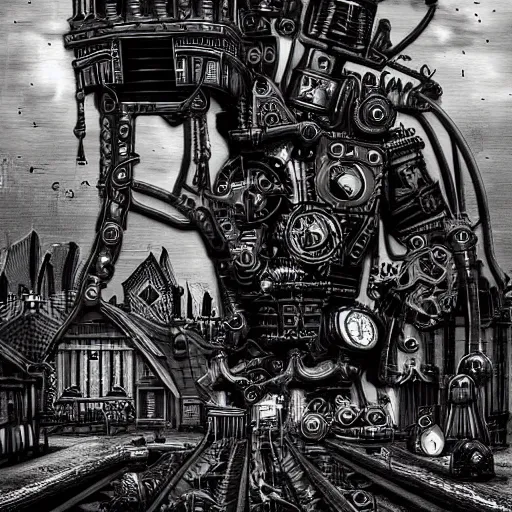 Prompt: a nightmare machine, steampunk, black and white