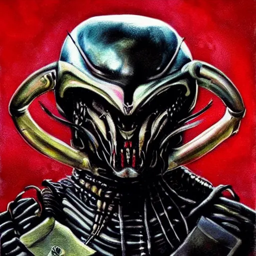 Prompt: a beautiful portrait painting of predator movie alien wearing a samurai. high renaissance.