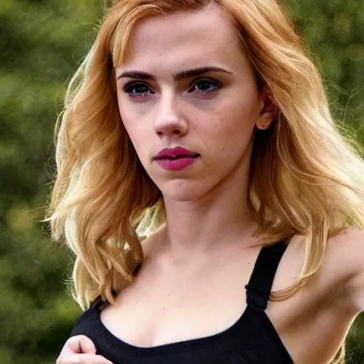 Image similar to a woman who is a genetic combination of scarlett johansson and emma watson face and upper - body focus