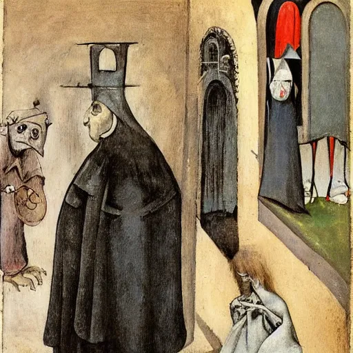 Image similar to queen elizabeth painted as a beggar in a dark forbidding alleyway by george grosz and hieronymus bosch