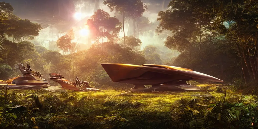 Image similar to a futuristic rusty old spaceship, on a landing pad, surrounded by a lush jungle, in the foreground two explorers are having a conversation, golden hour, sun beams, volumetric light, hyperdetailed, artstation, cgsociety, 8k