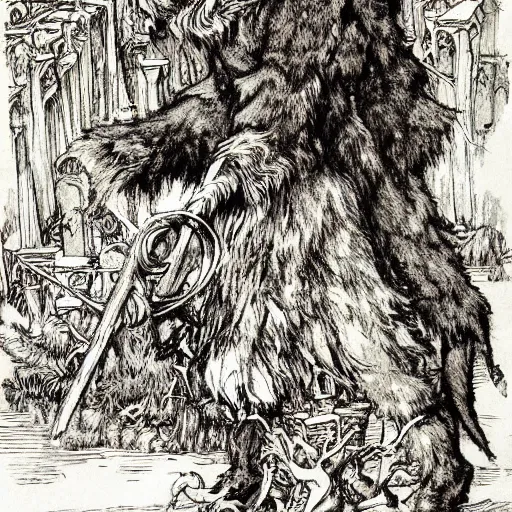 Prompt: Victorian Krampus horned satyr figure walking through a fantasy Victorian christmas village, closeup, horns, walter crane, art by arthur rackham, photorealistic, dark fantasy, kay nielsen, book illustration style, 19th Century