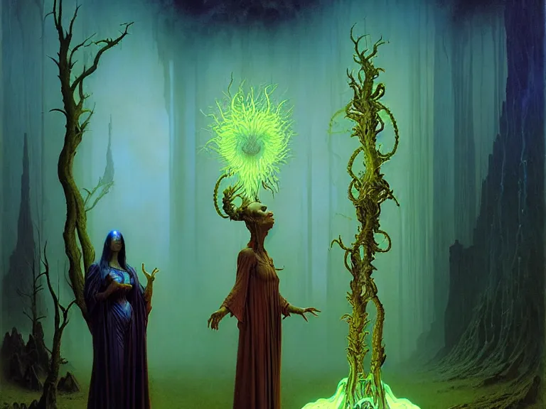 Prompt: the female arcanist and the male artificer by albert bierstadt and gerald brom and zdzisław beksinski and james gilleard and wayne barlowe and marc simonetti, highly detailed, hyperrealistic, intricate, floating metallic objects, energy, electricity, blue flames, low light, glowing green crystals, high contrast