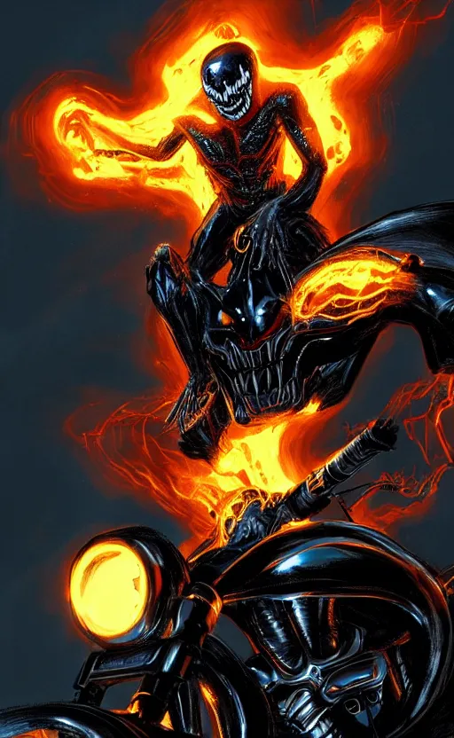 Image similar to venom as ghost rider on a motorcycle, dynamic lighting, photorealistic fantasy concept art, trending on art station, stunning visuals, terrifying, creative, cinematic