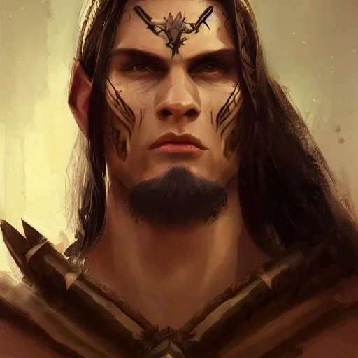 Image similar to character design, portrait of a attractive half elf half orc male with long black hair and proeminent cheekbones, medieval, dark tribal armor, painting by wlop, nixeu and greg rutkowski, beautiful, cgsociety, semirealism, artstation, octane render, sharpness, 8 k, golden ratio