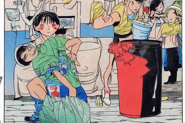 Image similar to a guy putting a dustbin over the head of a girl, in the style of Takahashi, Rumiko