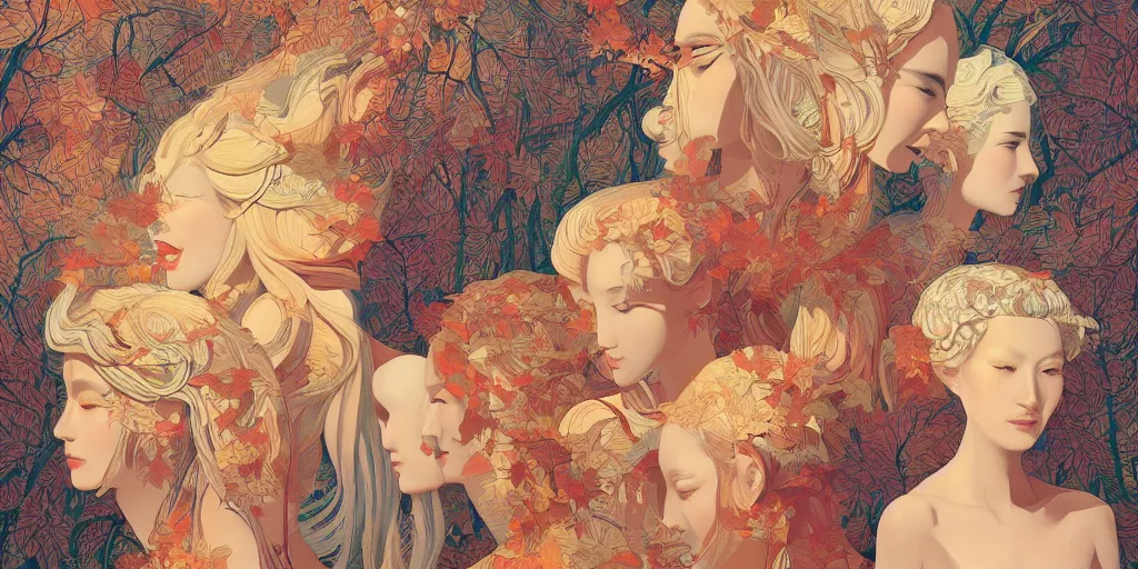 Image similar to breathtaking detailed concept art painting art deco pattern of blonde goddesses faces amalgamation autumn leaves, by hsiao - ron cheng and john james audubon, bizarre compositions, exquisite detail, extremely moody lighting, 8 k