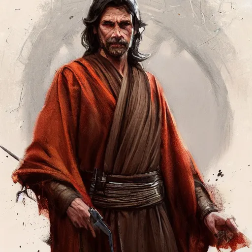 Image similar to portrait of a man by greg rutkowski, jedi master, arabian features, messy long black hair, wearing orange jedi robes, star wars expanded universe, he is about 6 0 years old, highly detailed portrait, digital painting, artstation, concept art, smooth, sharp foccus ilustration, artstation hq