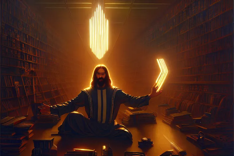 Prompt: tron legacy jesus performing miracles in a cluttered library, face, diffuse lighting, hyper realistic, concept art, intricate, hyper detailed, smooth, sharp focus, illustration, artstation, art by greg rutkowski and james gurney and alphonse mucha