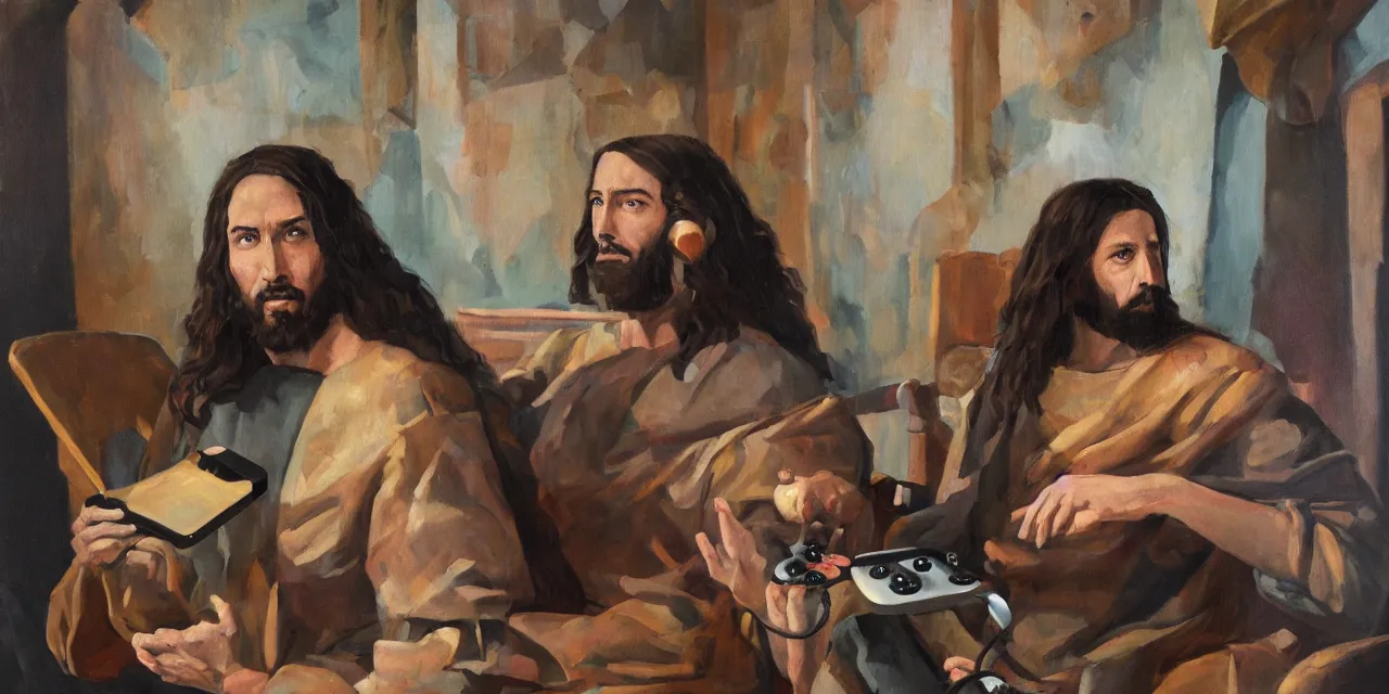 Prompt: oil paint on canvas, caricature of jesus playing a video game on the throne