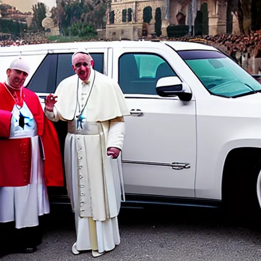 Image similar to The pope wearing a gangster chain and throwing gang signs in front of a white escalade, 4k, digital photograph