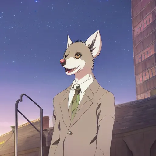 Image similar to key anime visual still portrait of beastars anthropomorphic anthro male spotted hyena furry fursona, handsome eyes, school uniform, in a city park at night, official studio anime still