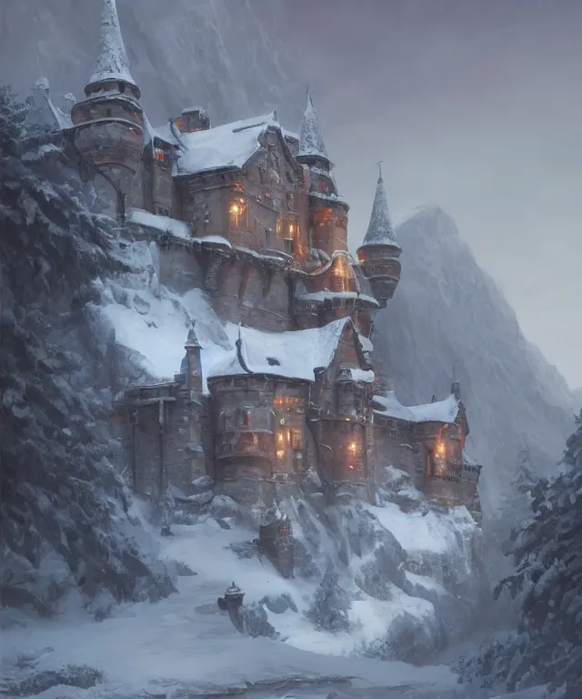 Image similar to a painting of a castle in the middle of a snowy mountain, a detailed matte painting by andreas rocha and greg rutkowski, featured on artstation, fantasy art, matte drawing, matte painting, artstation hq