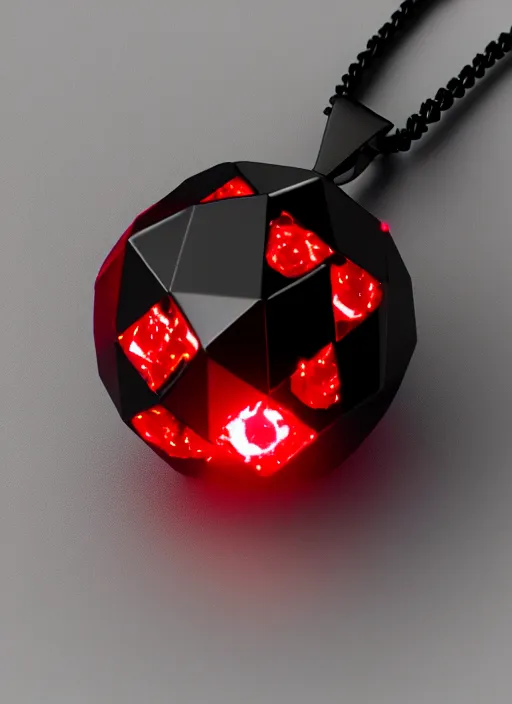 Image similar to rpg item, a black necklace with a bright red crystal pendant in flames, Unreal 5, DAZ, hyperrealistic, rpg style, octane render, dynamic lighting