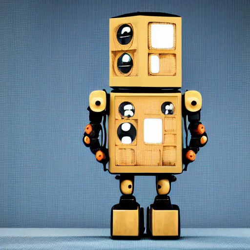 Image similar to a tall robot alien with beige skin and a cube head with screens and dots on it