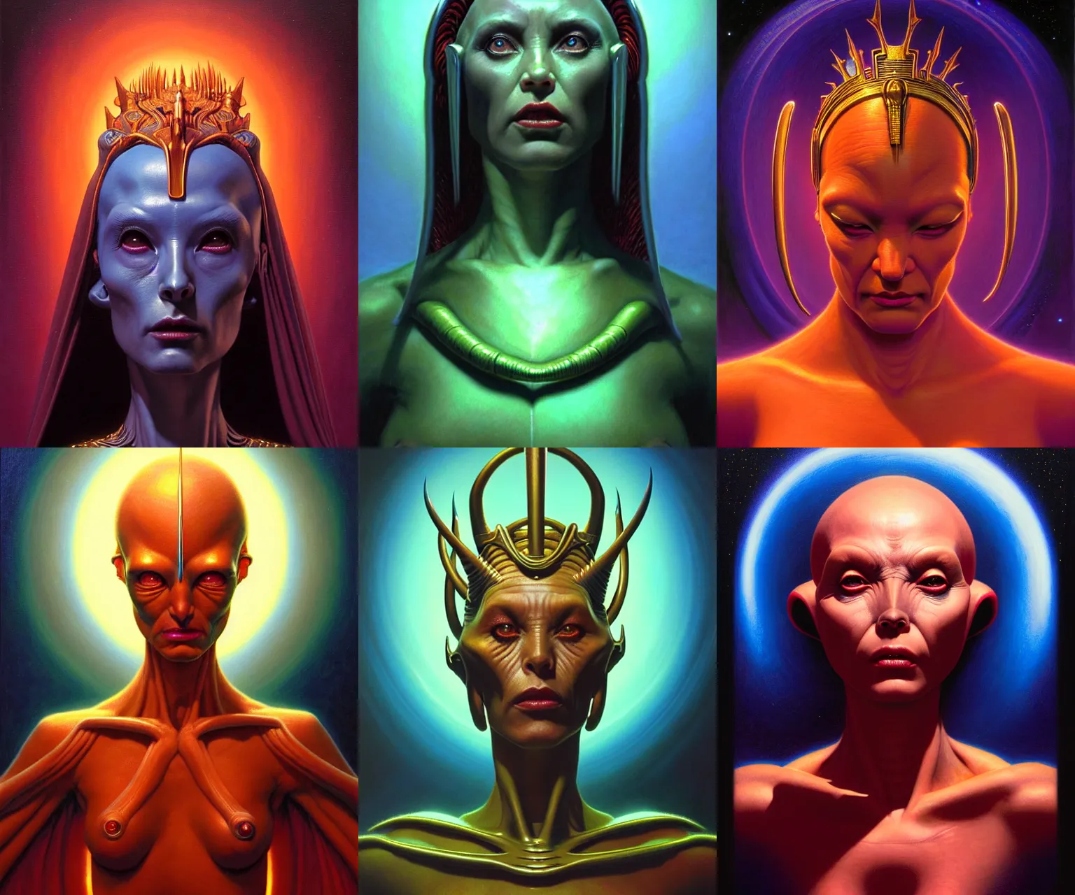 Prompt: cinematic bust portrait of benevolent female extraterrestrial queen, head and chest only, exotic alien features, Tim Hildebrandt, Wayne Barlowe, Bruce Pennington, donato giancola, hajime sorayama, oil on canvas, masterpiece, trending on artstation, featured on pixiv, cinematic composition, dramatic pose, beautiful lighting, sharp, details, hyper-detailed, HD, HDR, 4K, 8K