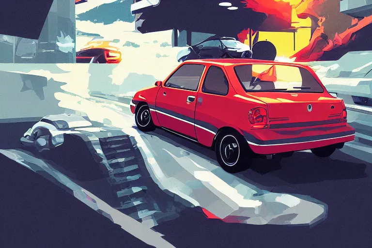 Prompt: digital illustration of nissan micra super turbo, by makoto shinkai, ilya kuvshinov, lois van baarle, rossdraws, basquiat