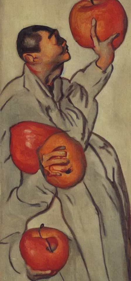 Image similar to painting of a bald man from the 1 9 3 0 looking at an apple with an amazed expression