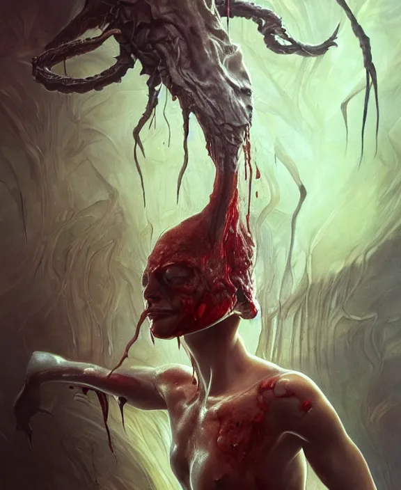 Image similar to portrait of a bloodied slime dripping geometric angular genderless insect alien monster, muscles, rippling, space warping and twisting, ultra realistic, concept art, intricate details, eerie, highly detailed, photorealistic, octane render, 8 k, unreal engine. art by artgerm and greg rutkowski and alphonse mucha