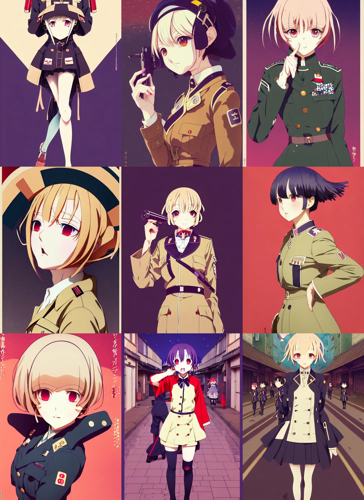 Prompt: anime visual, portrait of women like reol from a distance wearing a retro military uniform marching down the street in shuya exterior at night, cute face by yoh yoshinari, alphonse mucha, dynamic perspective pose, rounded eyes, moody, psycho pass, kyoani, gustav klimt, cel shade, ilya kuvshinov