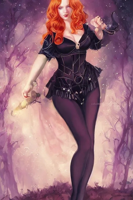 Image similar to frontal standing pose portrait of Christina Hendricks as a sensual Sabrina the Teenager Witch, very beautiful young woman, ginger straight hair, Victorian-era push-up underwire. Intricate, concept art, magic mystique imagery themed, D&D!, fantasy style, sharp focus!, ultra detailed, art by Artgerm and Peter Andrew Jones, WLUP, Magali Villeneuve