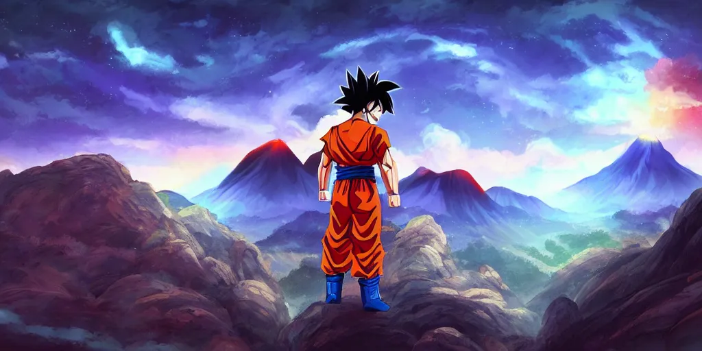 Image similar to son goku, mountain landscape, night sky, digital art, digital painting, celestial, majestic, playful, colorful