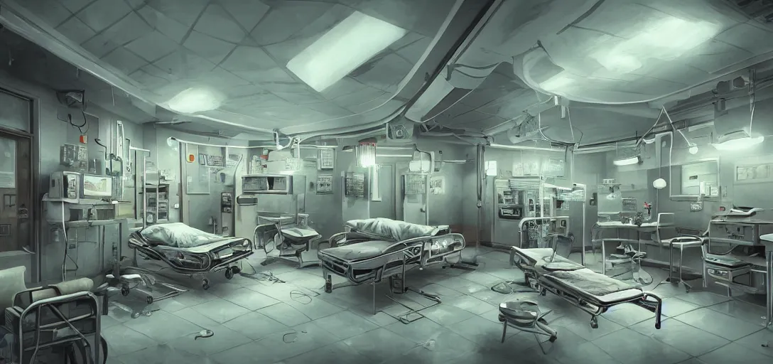 Image similar to retro hospital concept art, 8 k photorealistic, hd, high details, trending on artstation