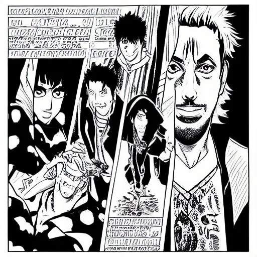 Image similar to “Uncut Gems directed by Adam Sandler” graphic novel illustrated by Kishimoto published on Shonen Jump 1996 black and white pen and ink highly detailed