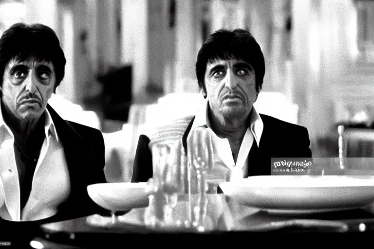 Image similar to tony montana from movie scarface 1 9 8 3 sitting behind a big black oak table with big large packages of flour. al pacino. perfect symmetric face, coherent eyes, close up, fine details, 4 k, ron cobb. last scene from scarface movie, bokeh