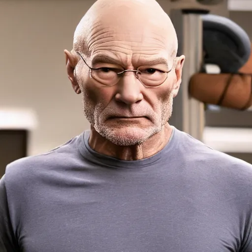 Image similar to a man who is a genetic combination of patrick stewart and jonathan frakes and levar burton and michael dorn and brent spiner, face and upper - body focus, detailed eyes