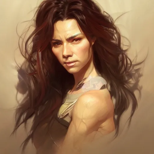 Image similar to beautiful, strong, mixed race, female, aged 4 0, face, head shot, fantasy, highly detailed, digital painting, artstation, concept art, smooth, sharp focus, illustration, art by artgerm and greg rutkowski and alphonse mucha