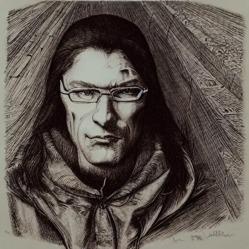 Image similar to Portrait Hank Hill Vampire Plumber greg rutkowski jacques callot albrecht durer jen bartel gustav dore engraved ink stamp aquatint etching intaglio 4k artstation wikiart wikipedia